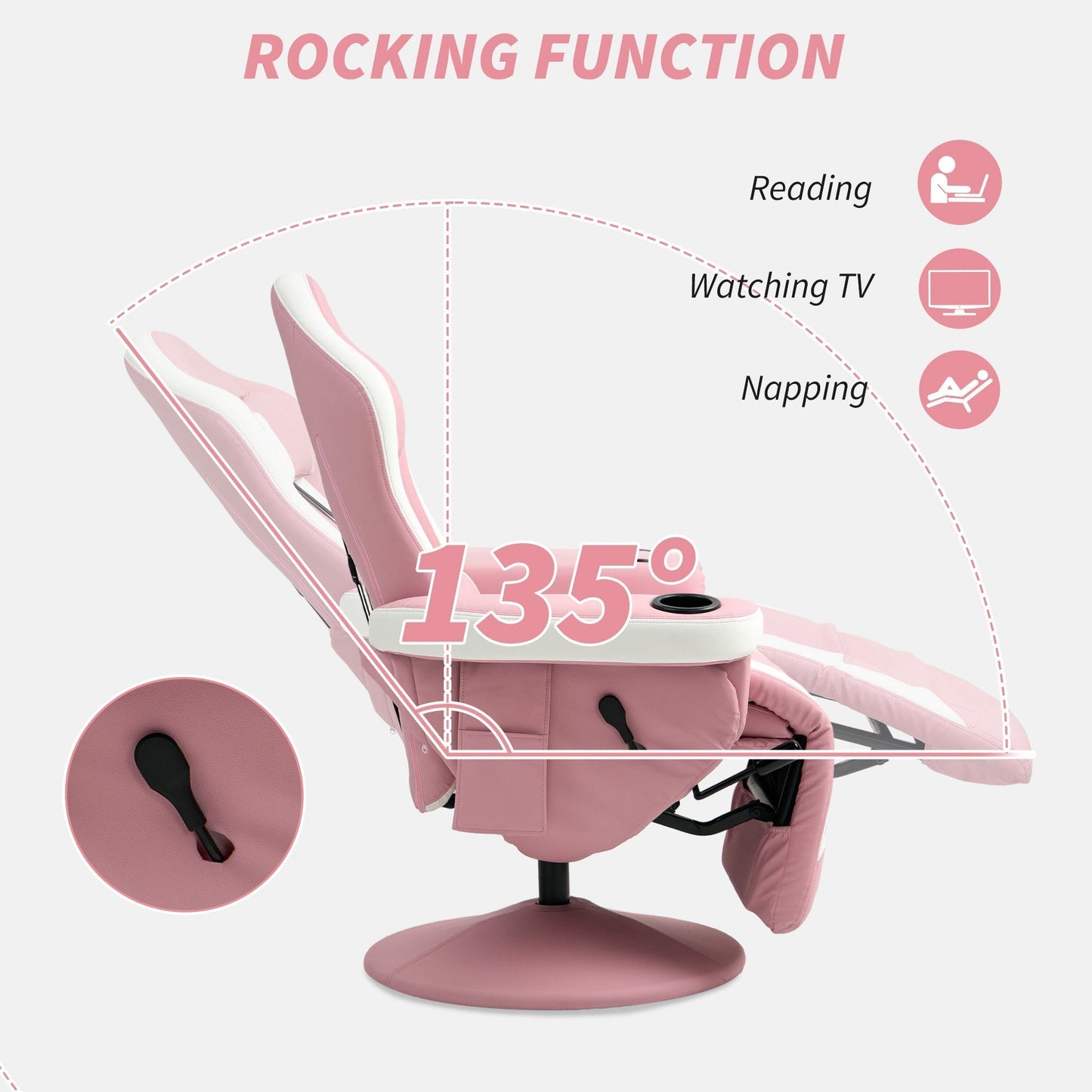 HOMCOM Manual Recliner Armchair PU Leather Lounge Chair w Adjustable Leg Rest, 135 degrees Reclining Function, 360 degrees Swivel, Pink