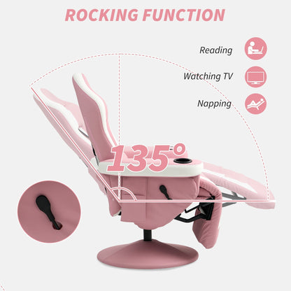 HOMCOM Manual Recliner Armchair PU Leather Lounge Chair w Adjustable Leg Rest, 135 degrees Reclining Function, 360 degrees Swivel, Pink