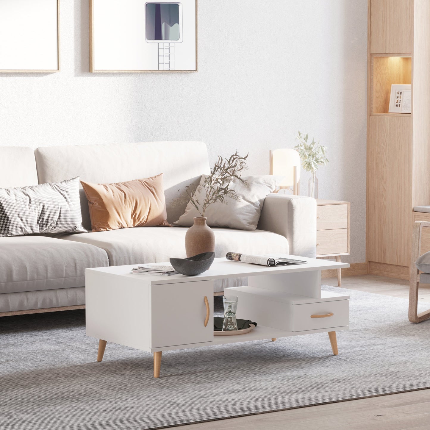 طاولة قهوة بتصميم عصري بسيط من HOMCOM مع مساحة تخزين، طاولة جانبية للكنب مع رف ودرج لغرفة المعيشة وغرفة الاستقبال، أبيض