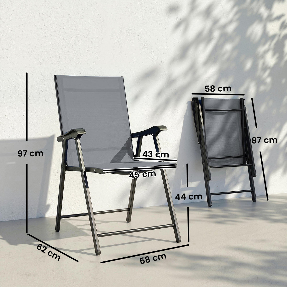 Outsunny Folding Garden Chairs Set of 2, Foldable Garden Dining Chairs with High Back, Armrests, Texteline Seat, Light Grey