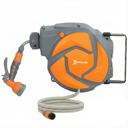 DURHAND 10m Garden Hose Reel Wall Mounted Auto Rewind with 7 Patterns Spray Nozzle, Includes Wall Fixings, Orange