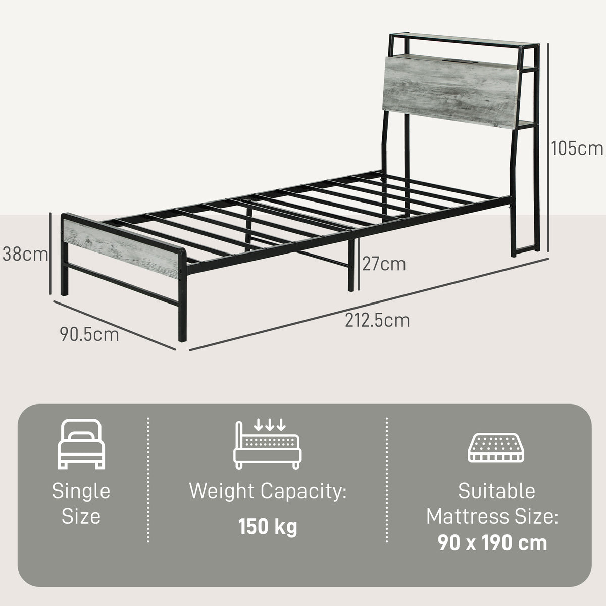 HOMCOM Single Steel Bed Frame, with LED Lights and Shelf - Grey