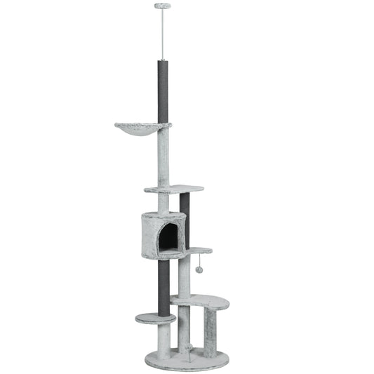 PawHut 255cm Floor to Ceiling Cat Tree with Scratching Posts, Height Adjustable Cat Tower with Hammock, House, Anti-tipping Kit, Perches, Toys, Grey