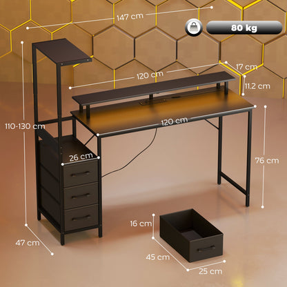 HOMCOM 147cm Gaming Desk with Charging Station and Monitor Stand, Computer Table for Home Office with RGB Lights, Black