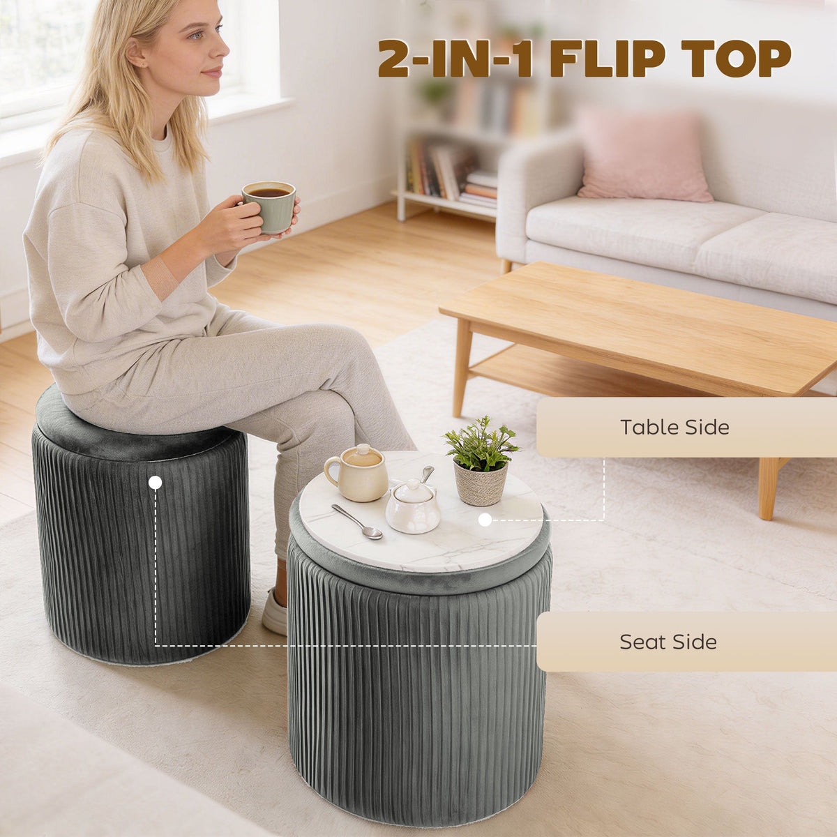 HOMCOM Storage Ottoman Modern Velvet Round Foot Stool for Living Room Bedroom 45 cm Grey