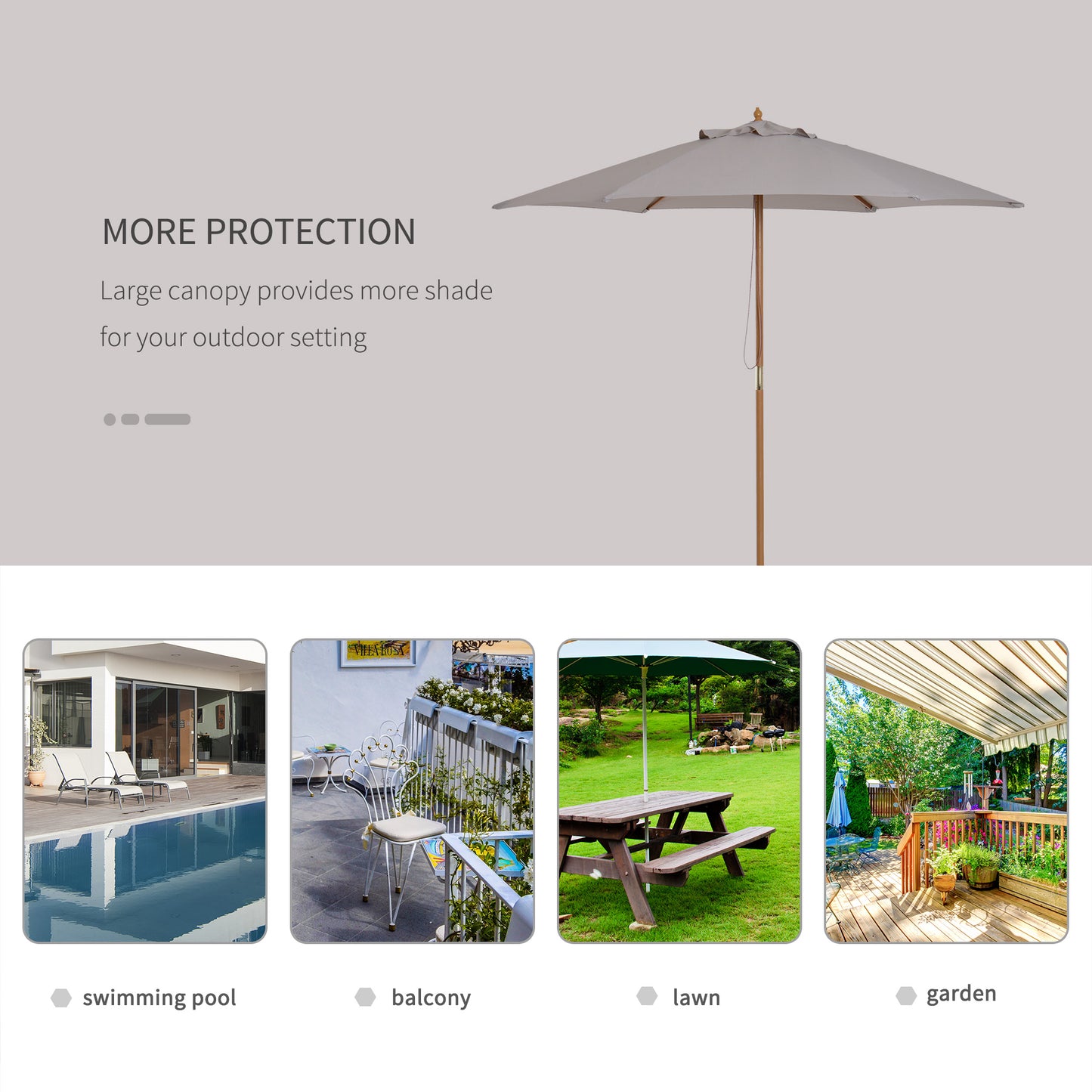 Outsunny 2.5m Wood Garden Parasol Sun Shade Patio Outdoor Wooden Umbrella Canopy, Table Market Umbrella with Vent, 38mm Pole, Rope Pulley Mechanism, Grey