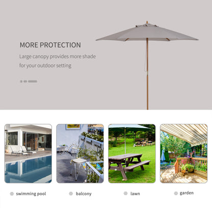 Outsunny 2.5m Wood Garden Parasol Sun Shade Patio Outdoor Wooden Umbrella Canopy, Table Market Umbrella with Vent, 38mm Pole, Rope Pulley Mechanism, Grey