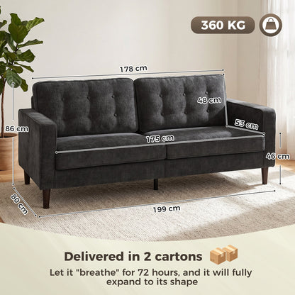 HOMCOM 3 Seater Sofa Button Tufted Upholstered Couch with Wood Legs for Living Room, Dark Grey