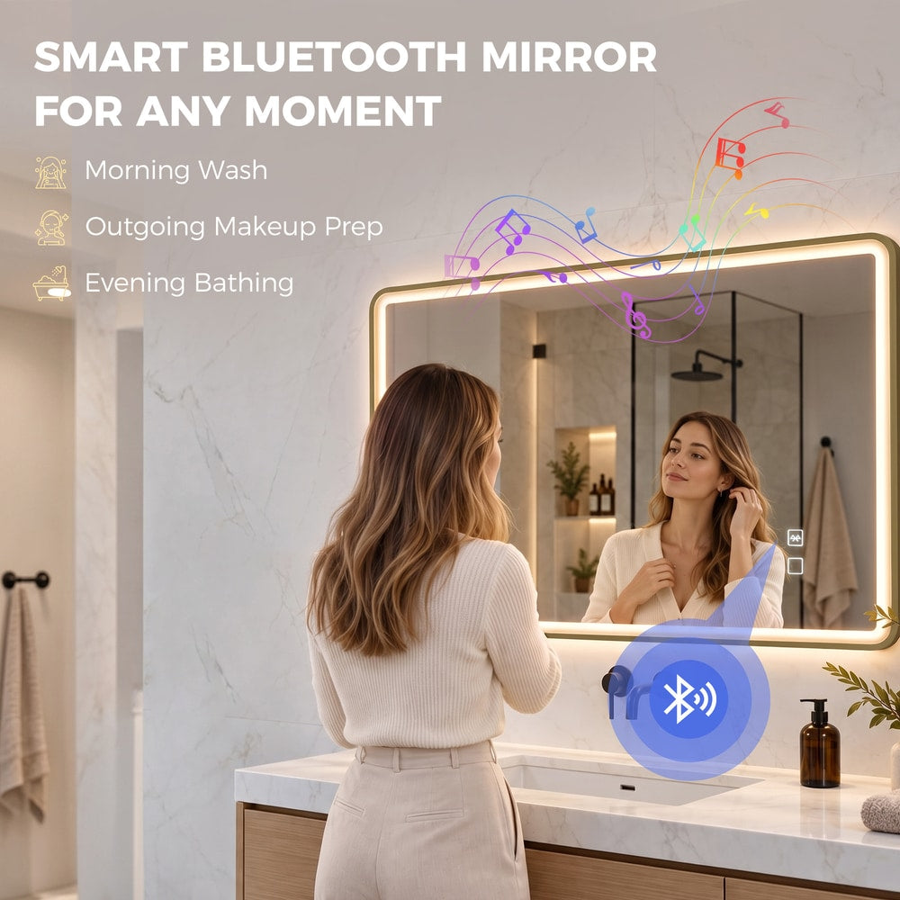 HOMCOM Bathroom Mirror with LED Lights, 100x70cm Rectangle Bathroom Mirror, Dimmable, Bluetooth, Anti-Fog, Gold Tone