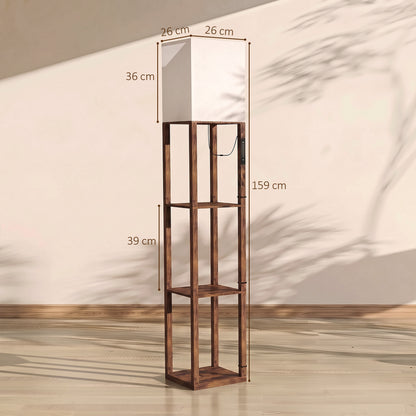 HOMCOM Floor Lamp with Shelves, Modern Dimmable Standing Lamp with Fabric Shade, Adjustable Colour Temperature, Rustic Brown