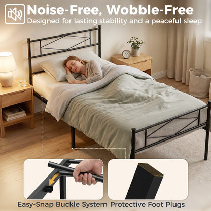 HOMCOM 3ft Single Bed Frame with Headboard and Footboard, Metal Platform Bed Frame with 32 cm Underbed Storage, Black