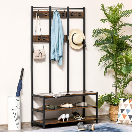 HOMCOM Coat Rack Stand, Free Standing Hall Tree, Coat Stand with Hooks, Bench and Shoe Rack, 100cm x 38.5cm x 185.5cm, Industrial Style, Rustic Brown and Black