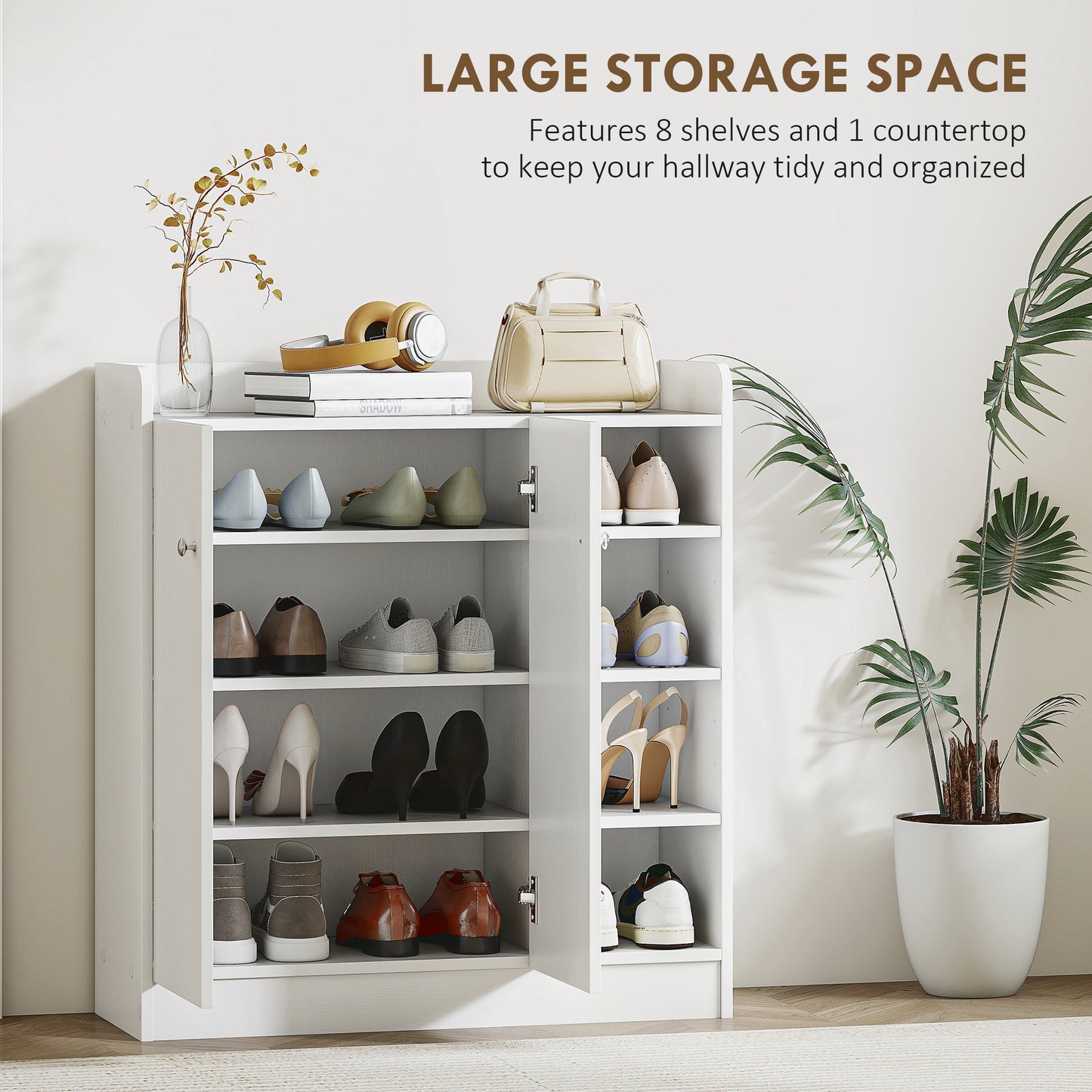 HOMCOM Shoe Storage Cabinet Two Doors w/ Adjustable 4 Shelves Cupboard Footwear Rack Stand Organiser Hallway White