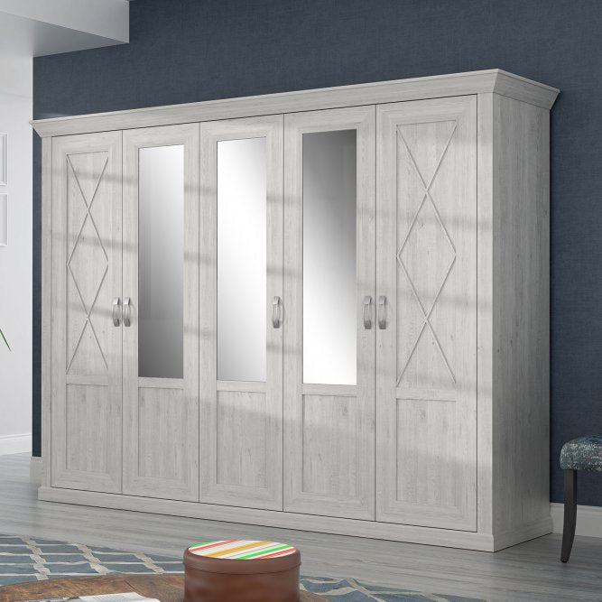 Kashmir 269cm 5 Door Mirrored Wardrobe (KSMS85) in White Pine