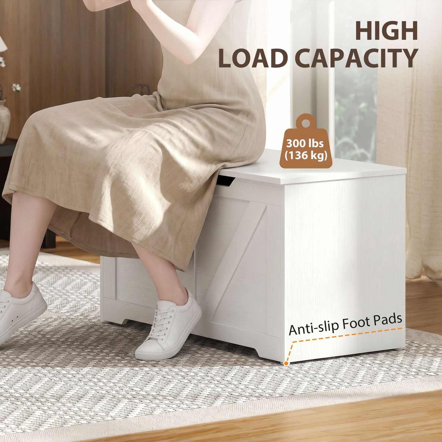 HOMCOM 100L Home Storage Box, with Safety Hinge - White Wood-Effect