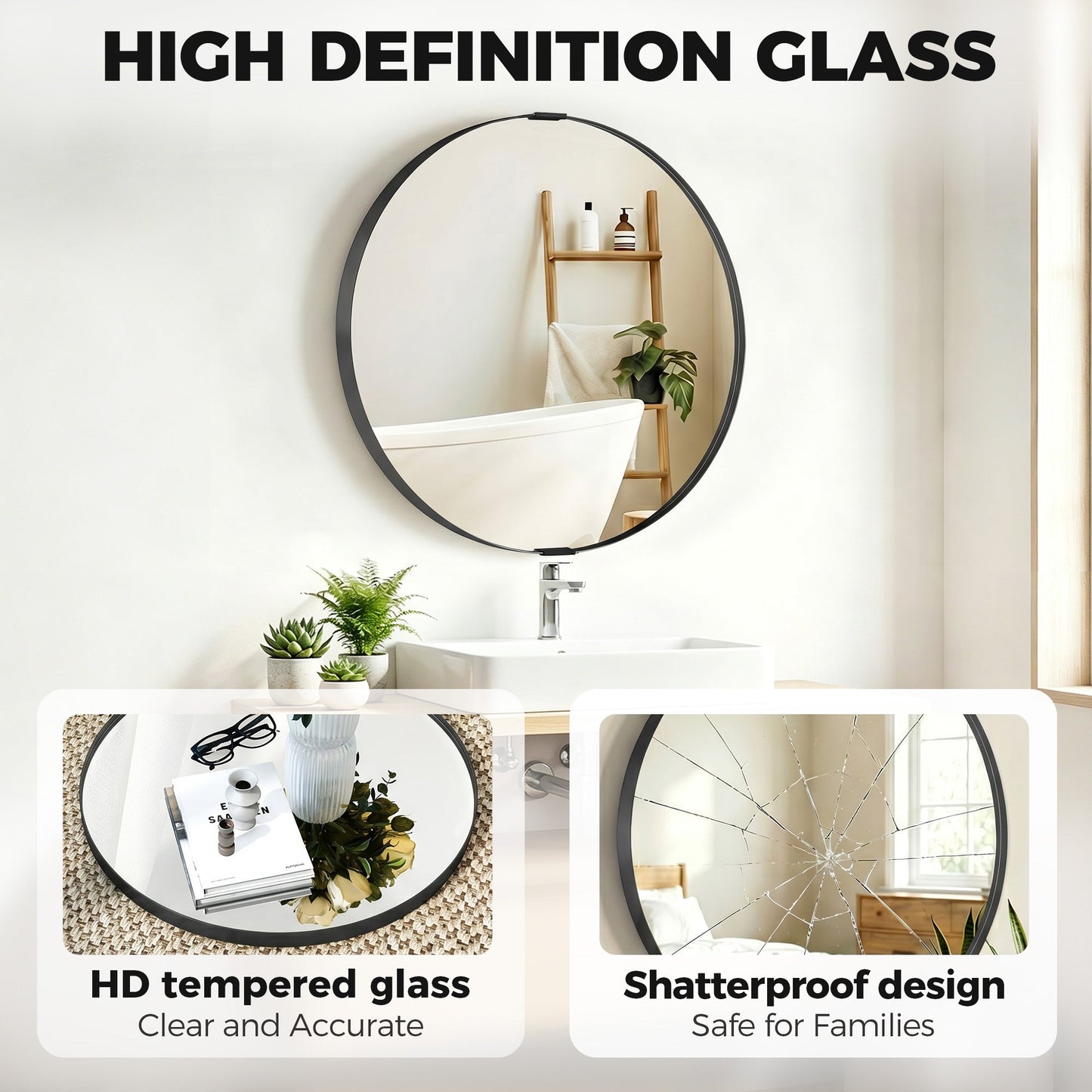 HOMCOM Round Wall Mirror 61 cm, Wall Mounted Bathroom Mirror with Tempered Safety Glass and Aluminium Alloy Frame, Black