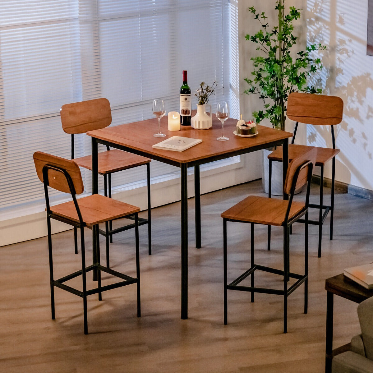 5 Pieces Industrial Dining Set Bar Counter Height Table and 4 Stools-Walnut