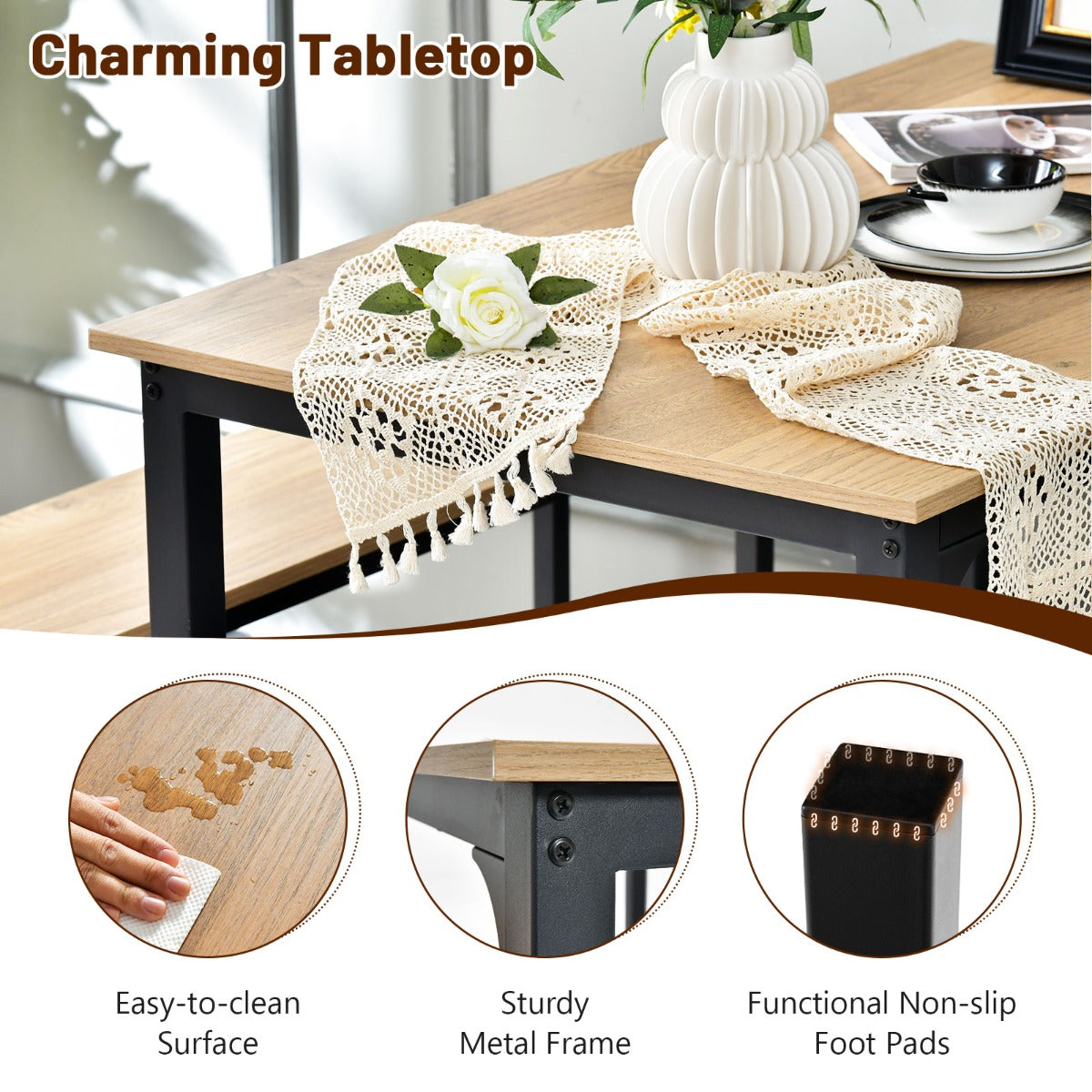 3 Pieces Space-Saving Dining Breakfast Table Set with 2 Benches-Natural