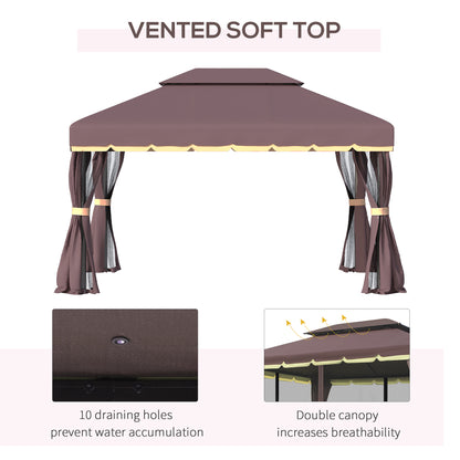 Outsunny 3 x 4m Aluminium Garden√Ç Gazebo, Marquee Canopy Shelter Pavilion Party Tent with Nets and Curtains for Garden and Deck, Coffee