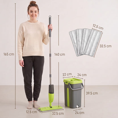 HOMCOM Mop and Bucket Set, Compact Flat Mop System with Wringer, 2 Chambers, 5 Reusable Pads, Dark Grey and Green