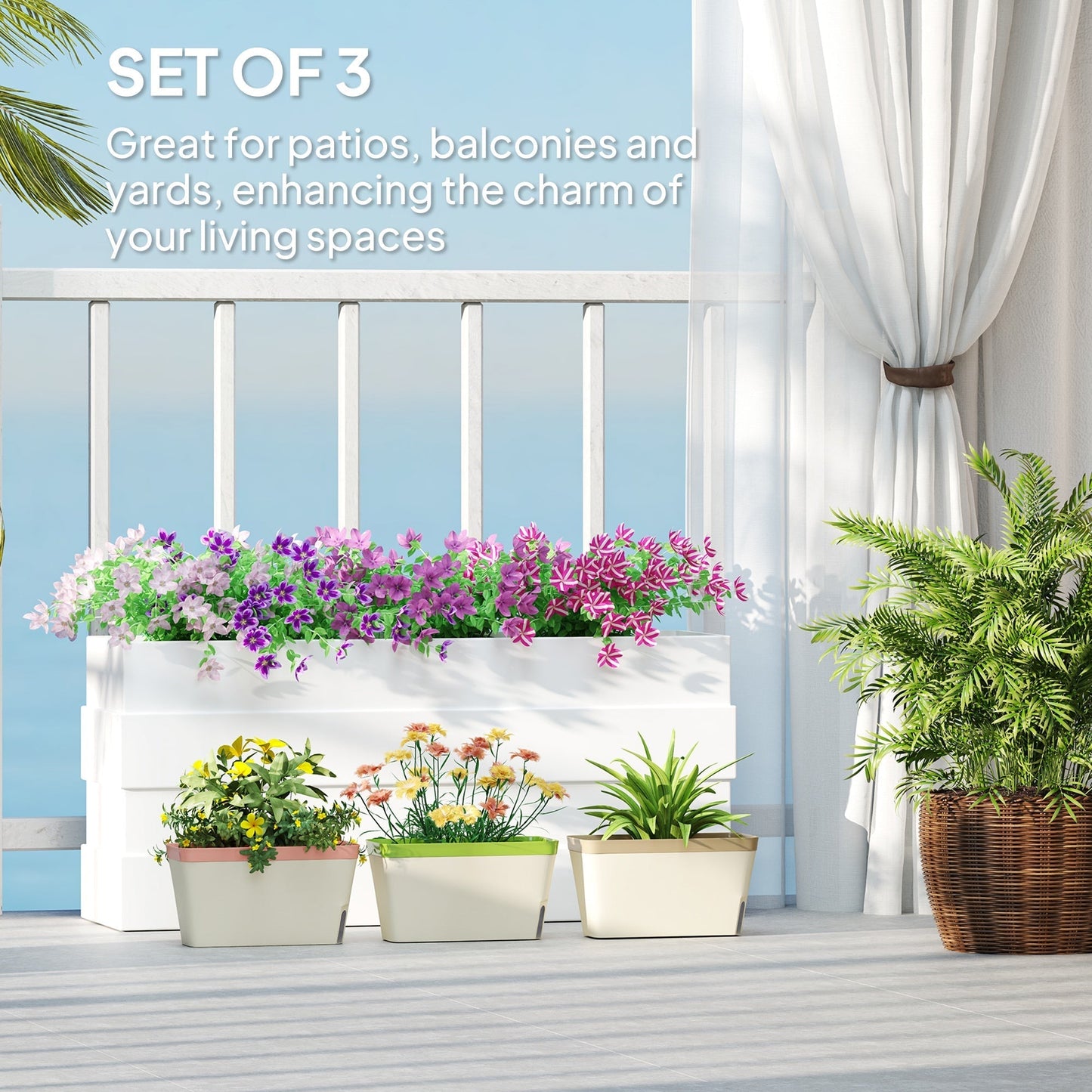 Outsunny طقم من 3 أصص زرع ذاتية الري للاستخدام الخارجي، أوعية زرع مستطيلة للحديقة مقاس 27 سم مع نافذة مرئية لمستوى الماء، أصص زهور بلاستيكية للحديقة الداخلية والخارجية والشرفات وعتبات النوافذ