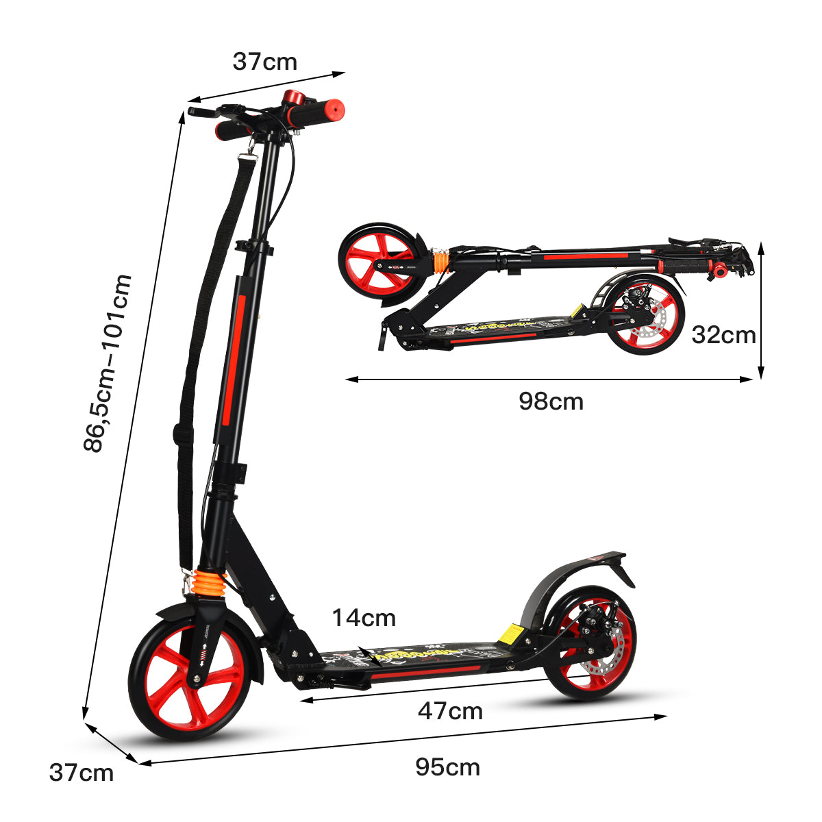 A black kick scooter with red accents shown assembled and folded with dimensions