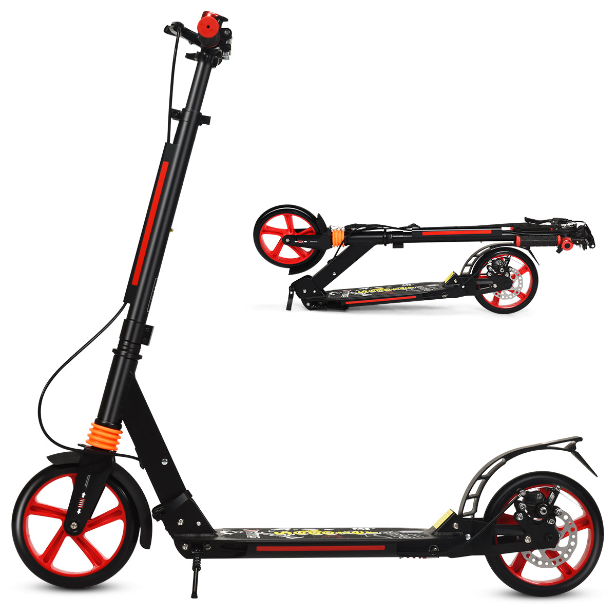 The black kick scooter with red accents shown assembled and folded