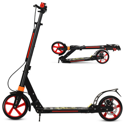 The black kick scooter with red accents shown assembled and folded