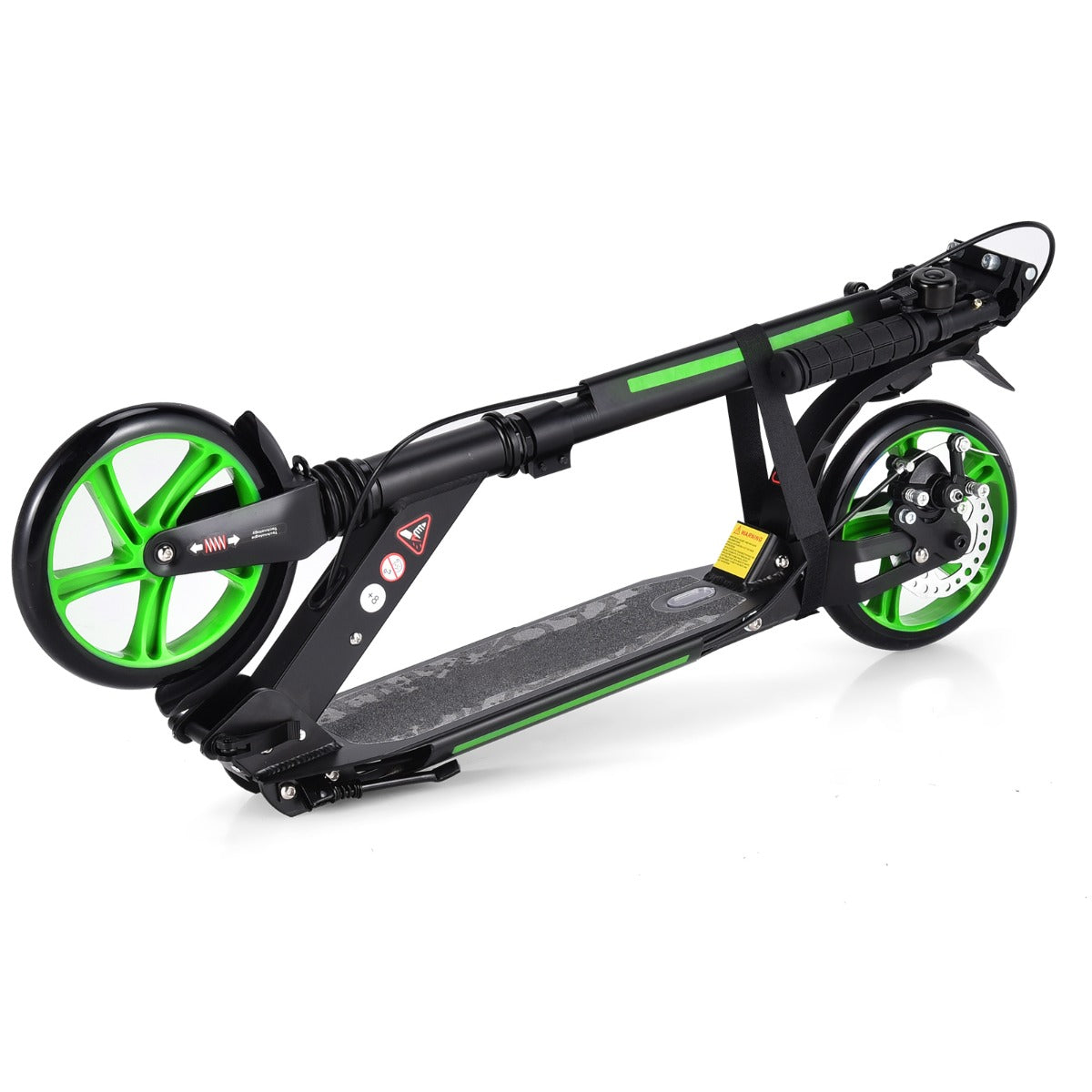 A folded green and black kick scooter shown from the side
