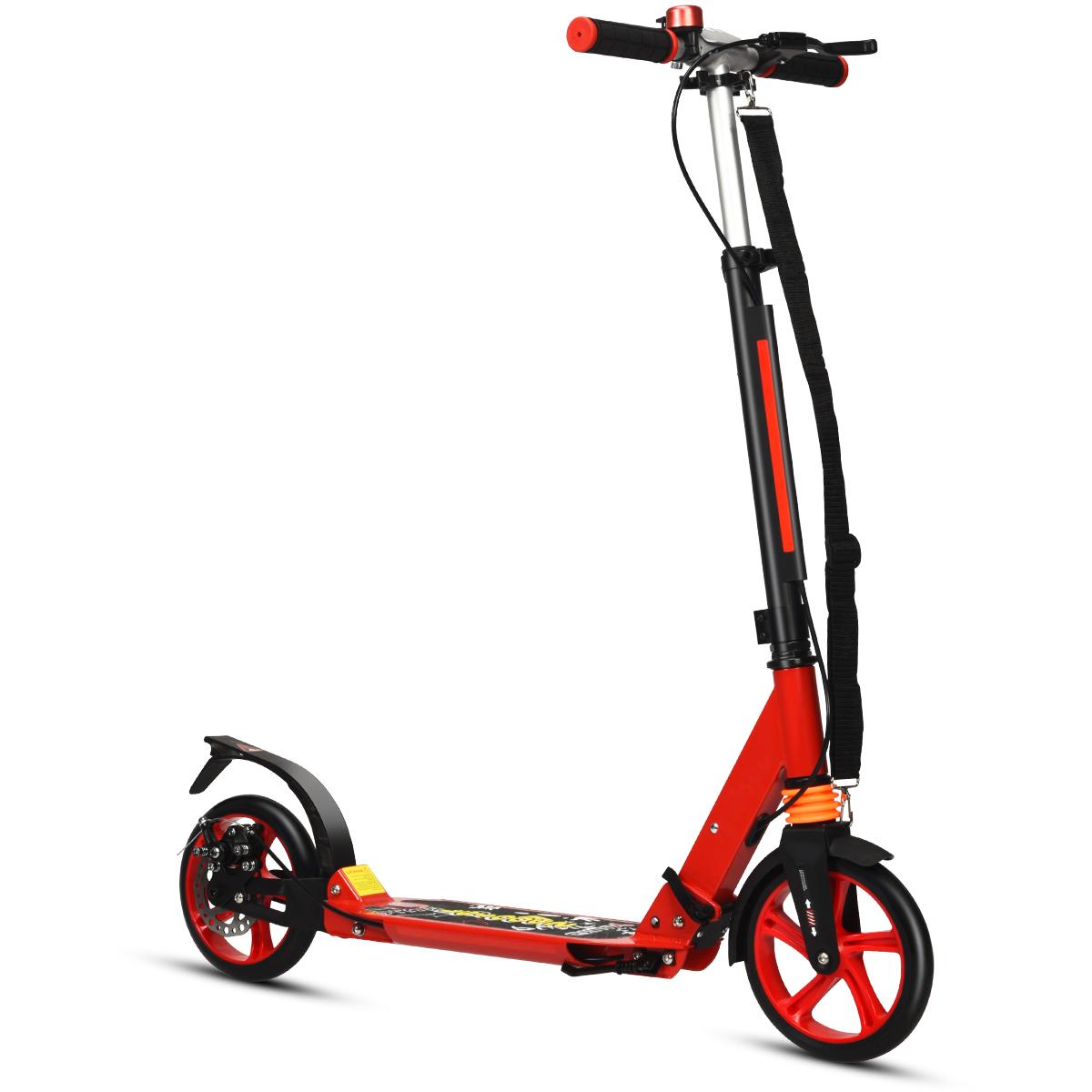 Kick Scooter with Adjustable Handlebar and Anti-Shocking Suspension, a red scooter with black accents, standing upright