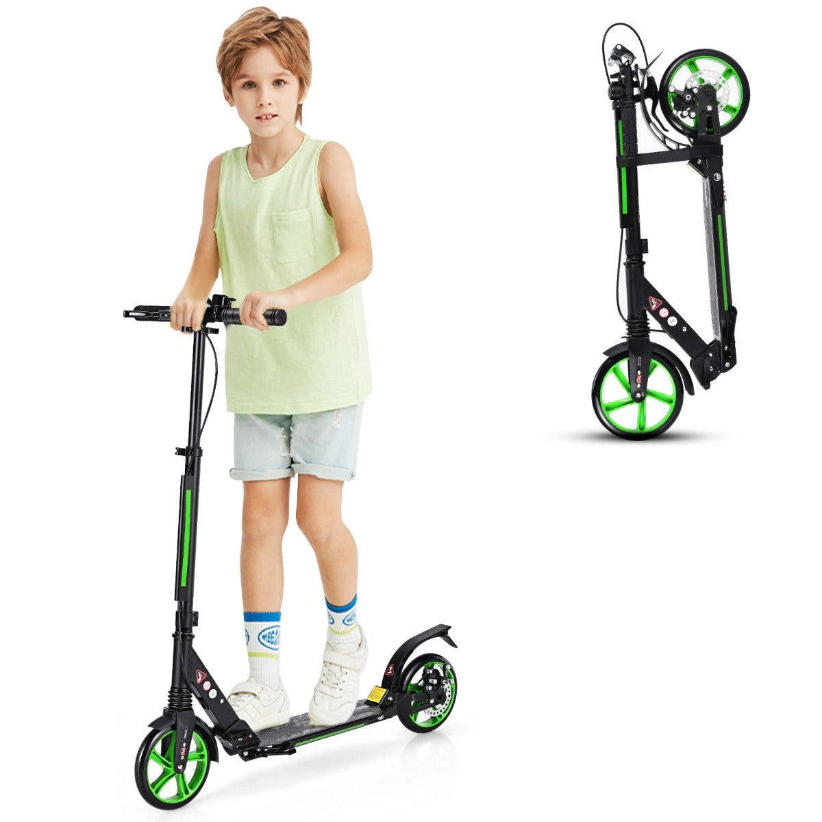 A boy stands on a green and black kick scooter, with a folded scooter inset