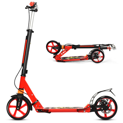 The red kick scooter shown upright and folded