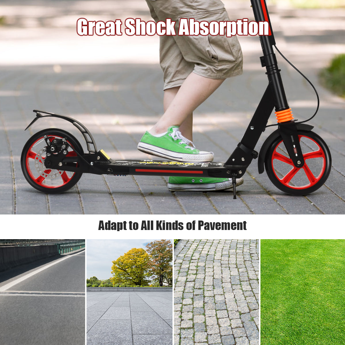 Close up of the black kick scooter with red wheels on different surfaces