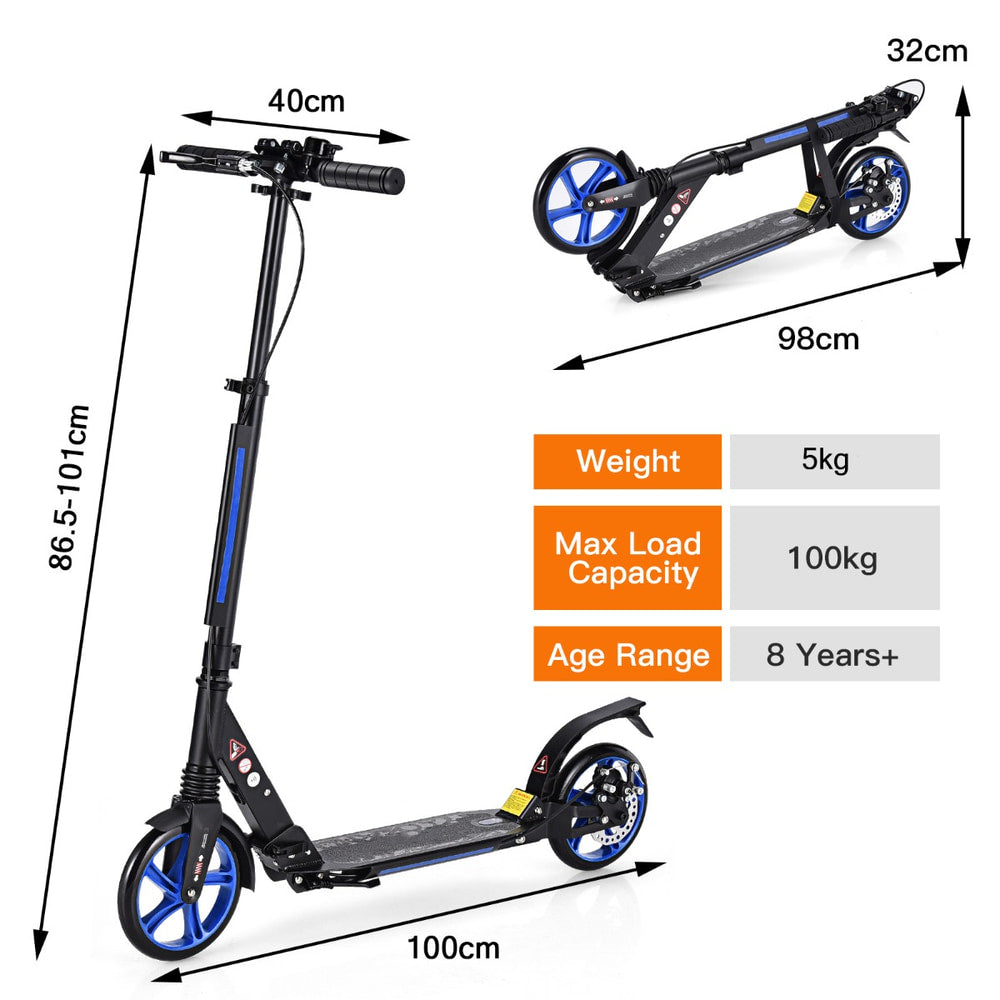 The kick scooter with dimensions shown, and a folded scooter with dimensions shown