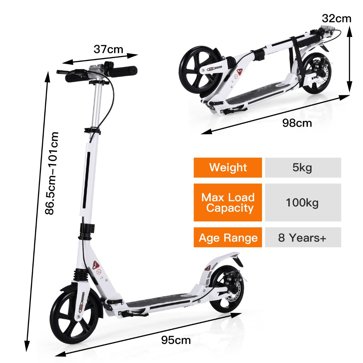 A white kick scooter with dimensions and weight information displayed