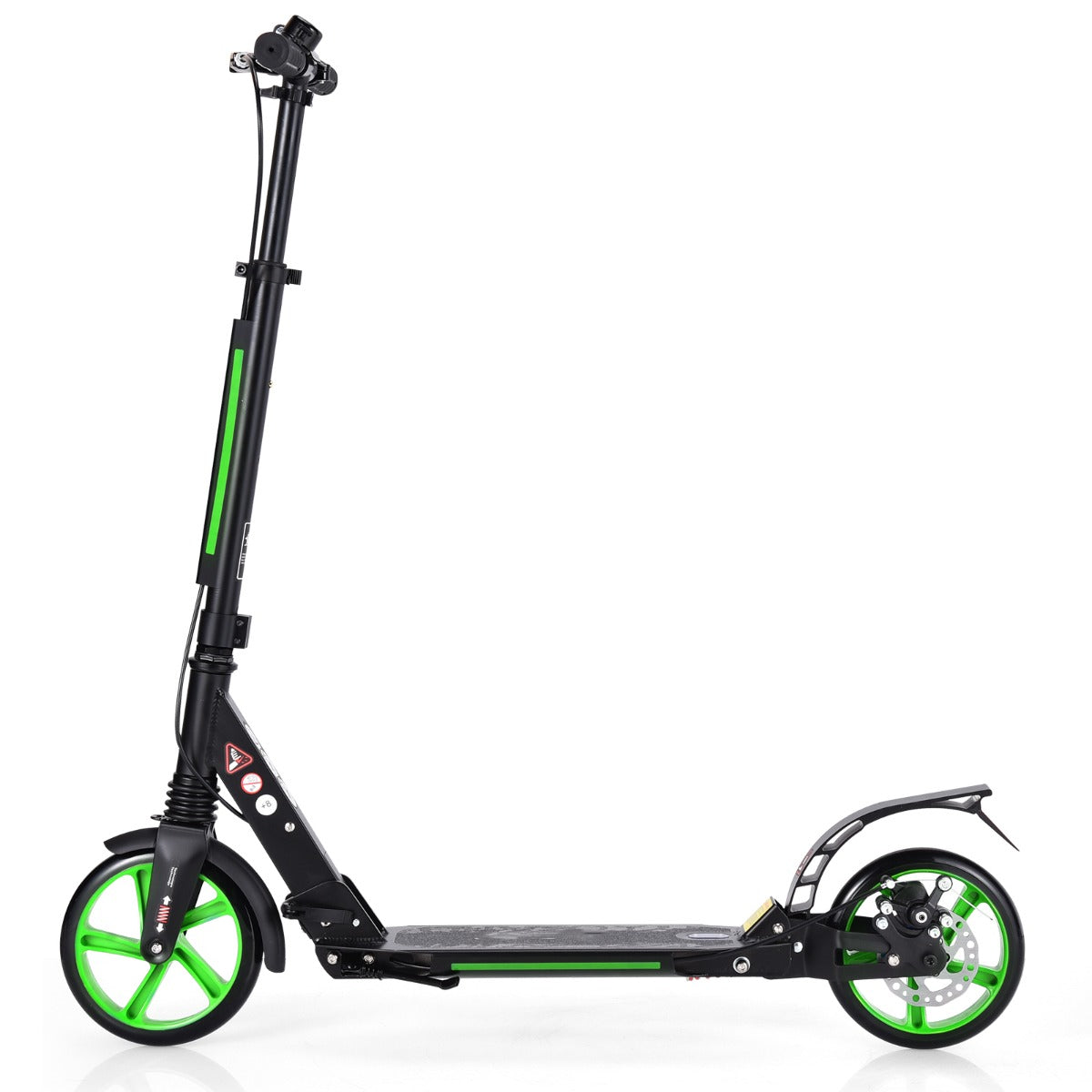 The green and black kick scooter shown from the side