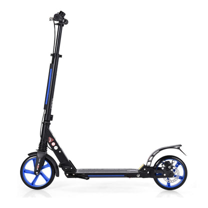 The kick scooter shown from the side, with blue wheels and black frame