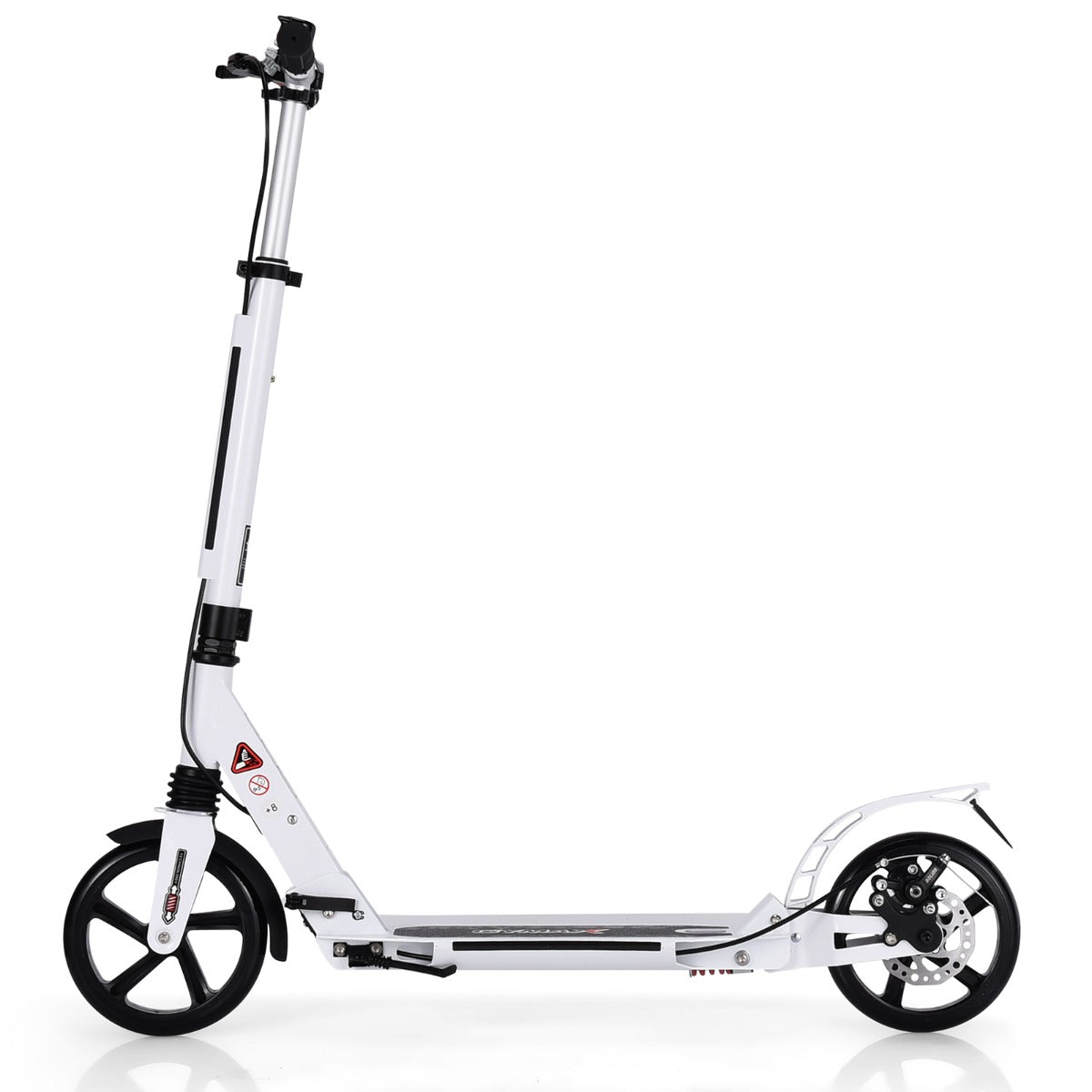 Side profile of the white kick scooter with adjustable handlebar and anti-shocking suspension