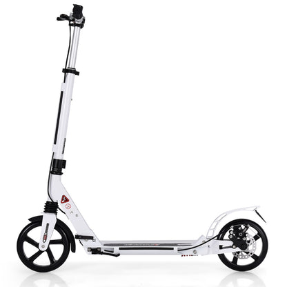 Side profile of the white kick scooter with adjustable handlebar and anti-shocking suspension
