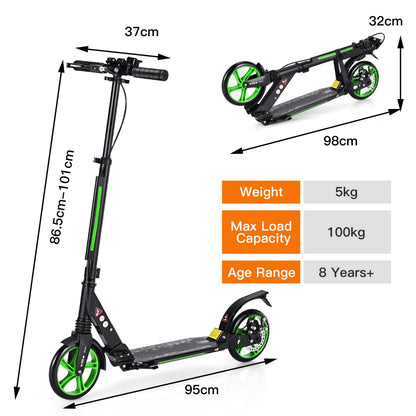 A green and black kick scooter with dimensions and weight capacity shown