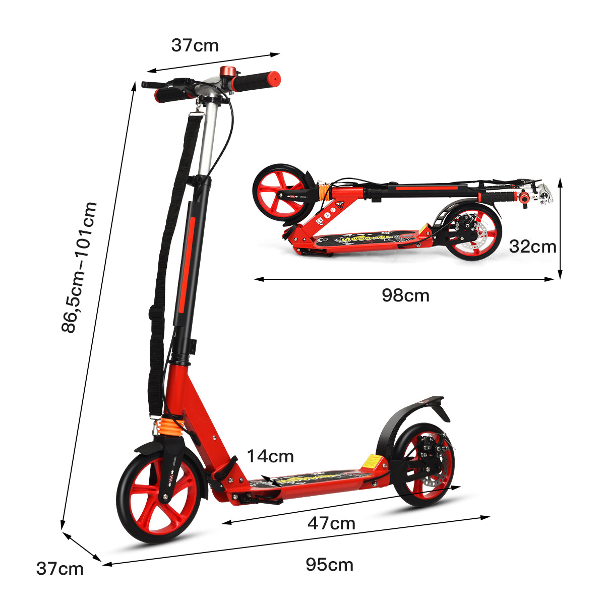 Dimensions of the red kick scooter shown in upright and folded positions