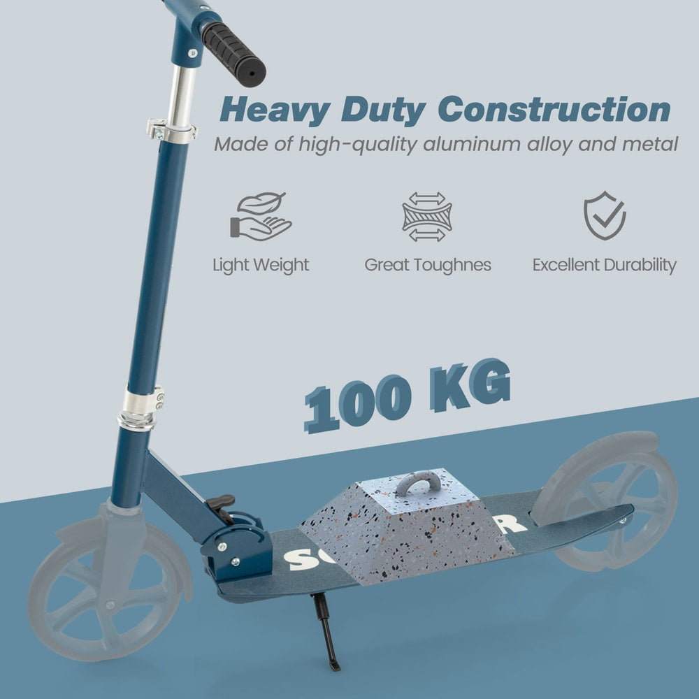Close up of the blue kick scooter deck with text about its construction