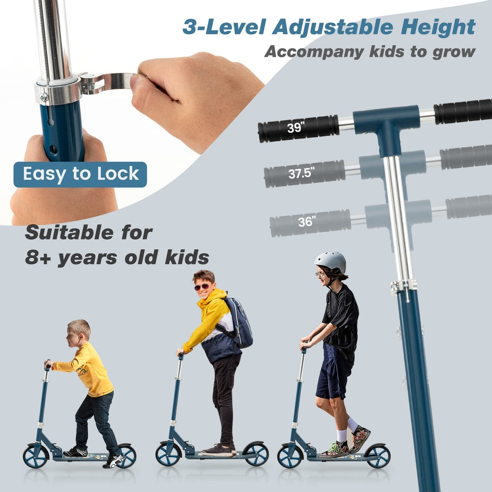 Adjustable height settings for the blue kick scooter shown with three children