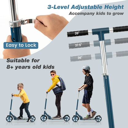 Adjustable height settings for the blue kick scooter shown with three children