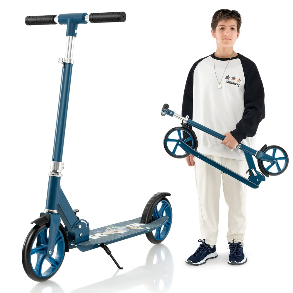 Kick Scooter with adjustable heights, a blue foldable scooter standing on its kickstand