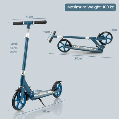 Size diagram of the blue kick scooter showing dimensions in cm and inches