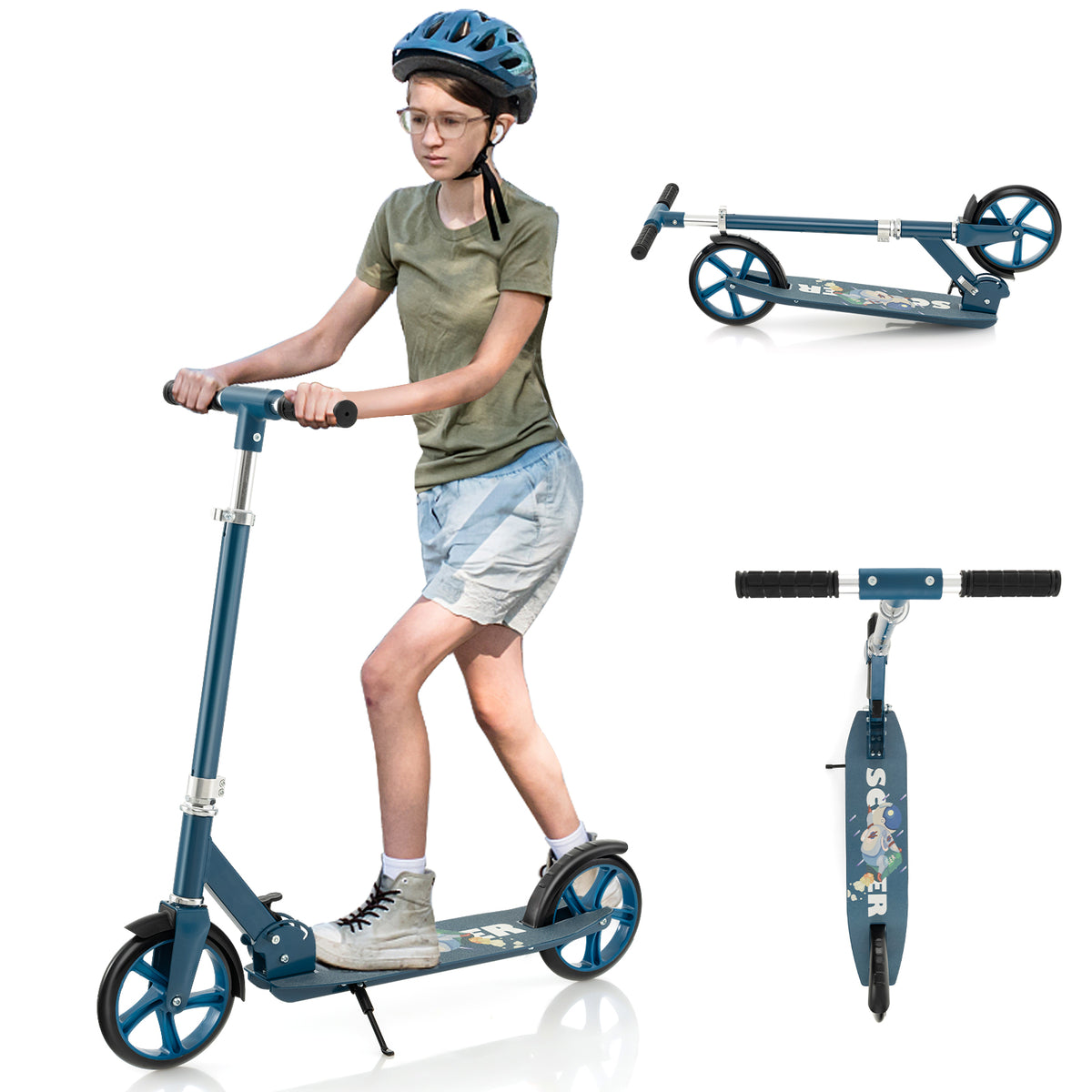 A girl stands on a blue kick scooter with a folded scooter beside her
