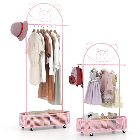Kid Clothes Rack with a pink metal frame and a basket base, decorated with a bear face at the top
