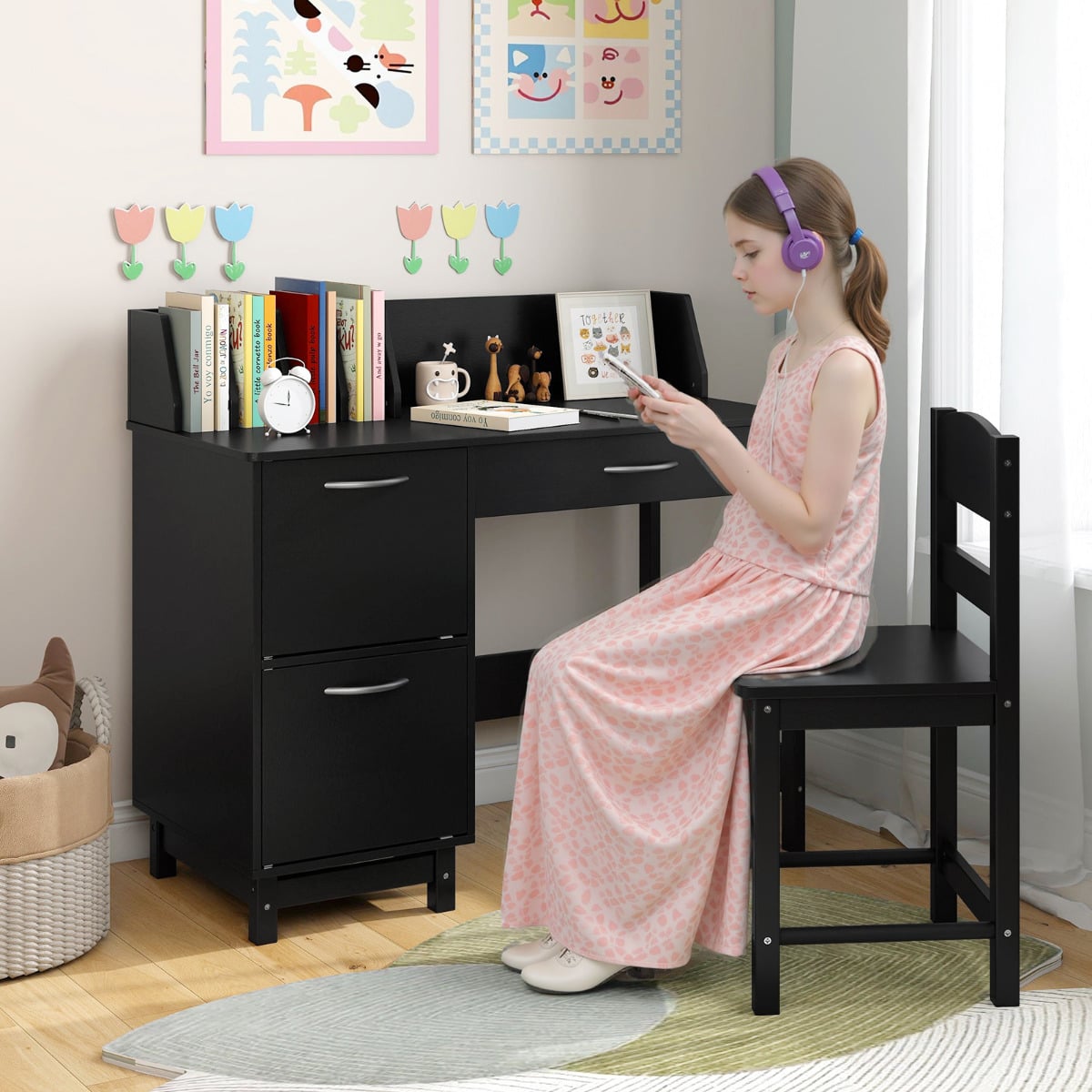 Kid's Study Desk and Chair Set with Deep Drawer and Enclosed Cabinets-Black