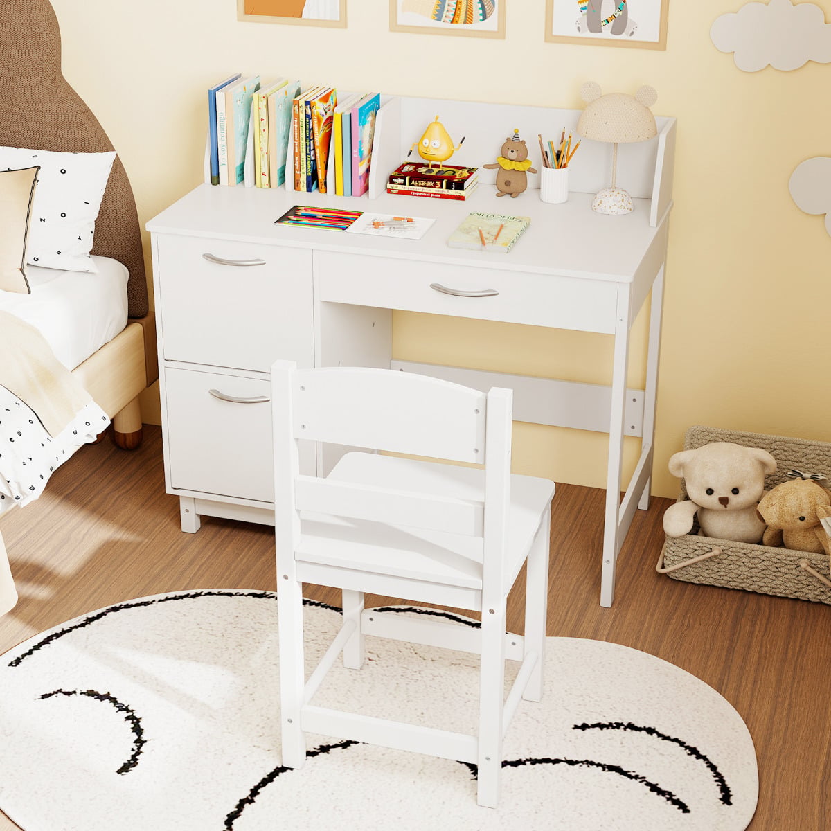 Kid's Study Desk and Chair Set with Deep Drawer and Enclosed Cabinets-White